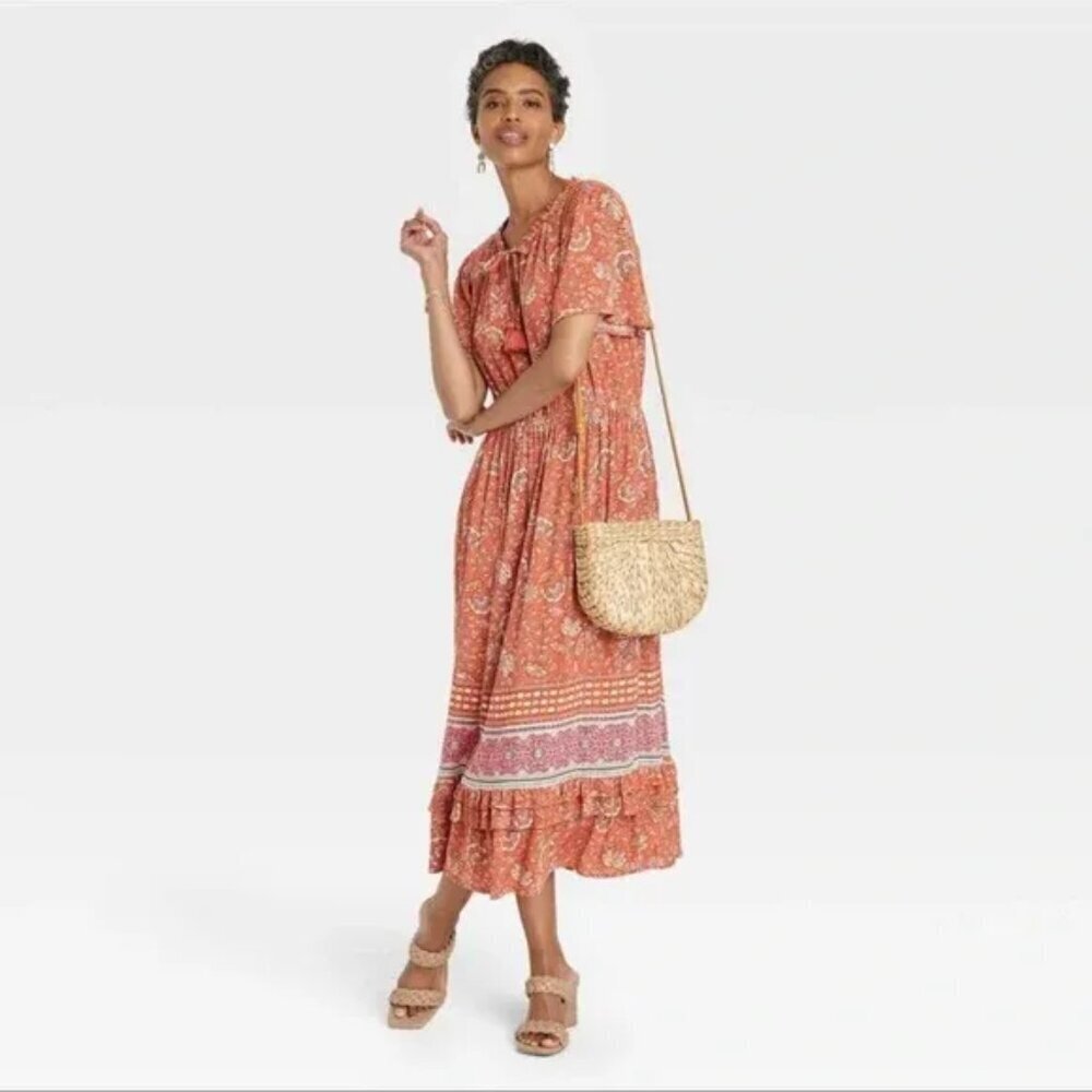 Knox Rose Terra Cotta Brown Boho Tiered Paisley Maxi Dress Women's Size Medium